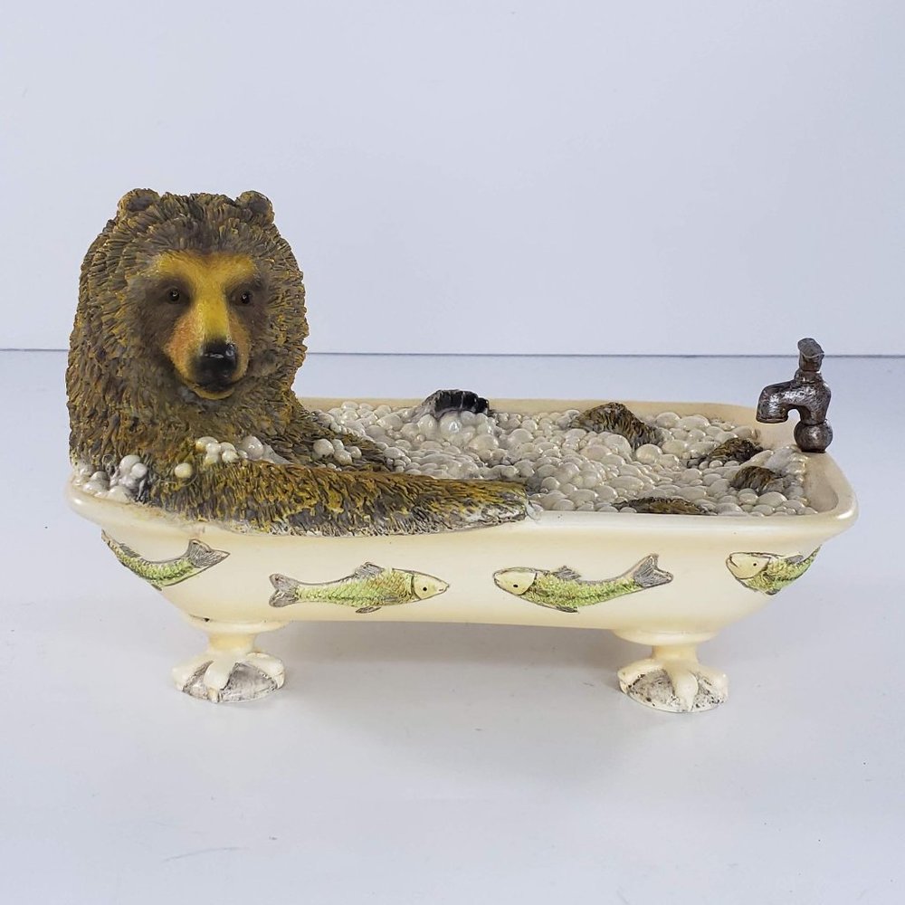 Grizzly Brown Bear Taking Bubble Bath Claw Foot Tub Figurine